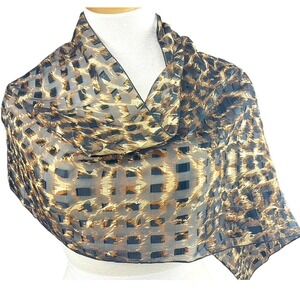 Animal Leopard Print Silky Scarf (60"x15") Rectangle Sheer Metallic‎ Gold Thread